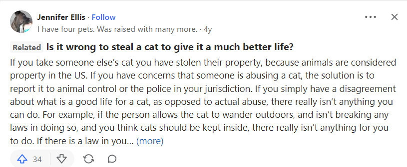 Woman asking about stealing a cat