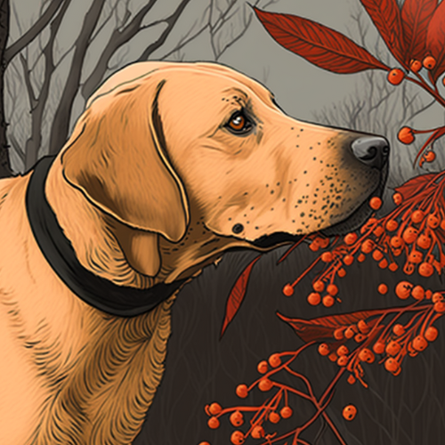 dog sniffing buckthorn berries